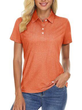 Women Orange Short Sleeve Golf Shirts 4-Button Quick Dry Collared Top for Gym